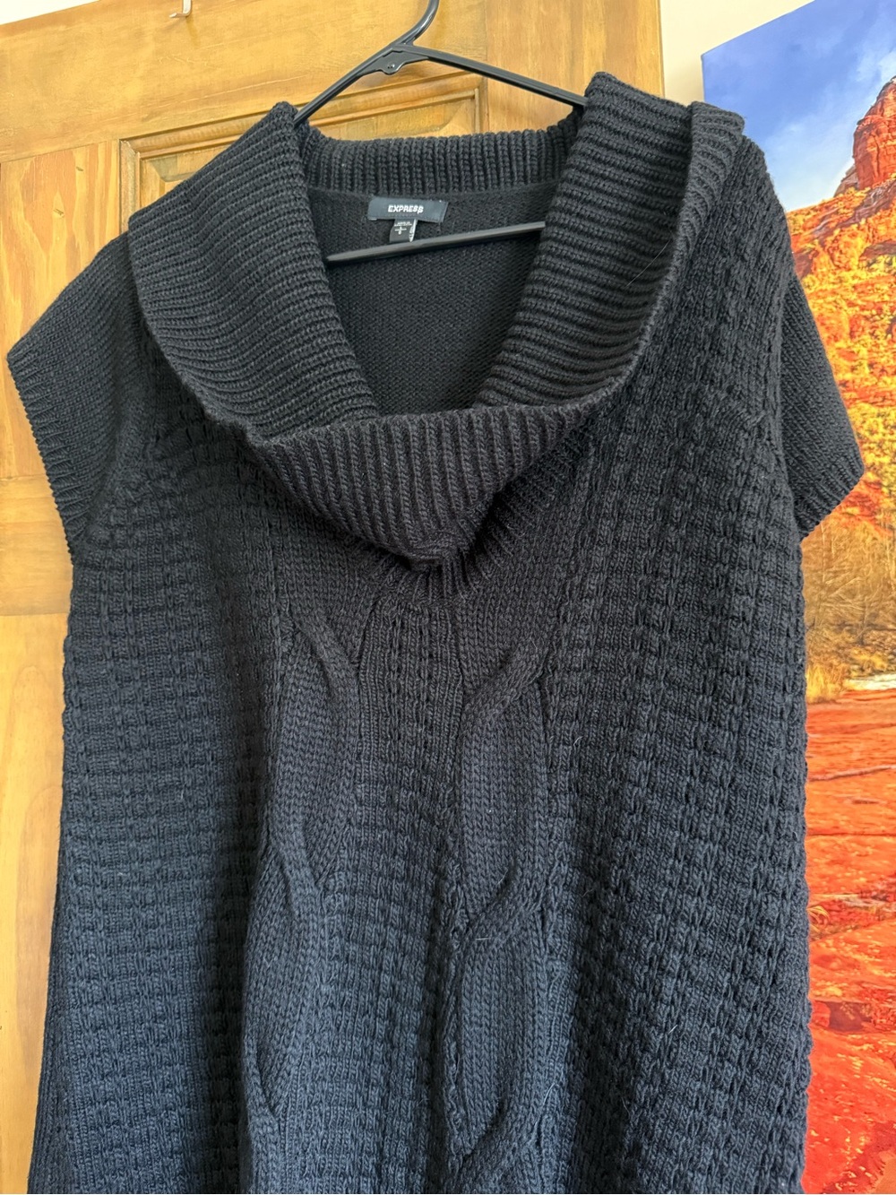 Express Black Cable-Knit Short-Sleeve Cowl-Neck Dress/Sweater